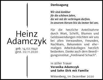 Traueranzeige von Heinz Adamczyk von Mitteldeutsche Zeitung Wittenberg