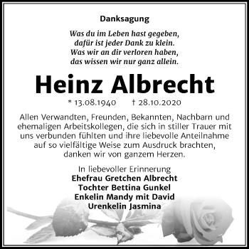 Traueranzeige von Heinz Albrecht von Mitteldeutsche Zeitung Wittenberg