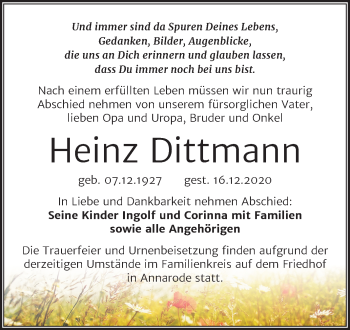 Traueranzeige von Heinz Dittmann von Wochenspiegel Mansfelder Land