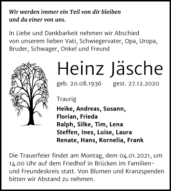 Traueranzeige von Heinz Jäsche von Mitteldeutsche Zeitung Sangerhausen