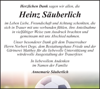 Traueranzeige von Heinz Säuberlich von Mitteldeutsche Zeitung Dessau-Roßlau