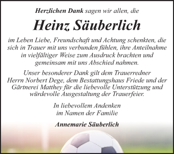 Traueranzeige von Heinz Säuberlich von Super Sonntag Dessau-Roßlau