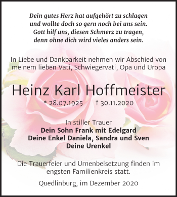 Traueranzeige von Heinz Karl Hoffmeister von Mitteldeutsche Zeitung Quedlinburg