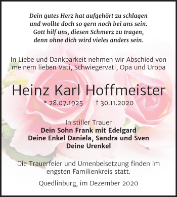 Traueranzeige von Heinz Karl Hoffmeister von Super Sonntag Quedlinburg