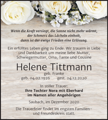 Traueranzeige von Helene Tittmann von Wochenspiegel Naumburg/Nebra
