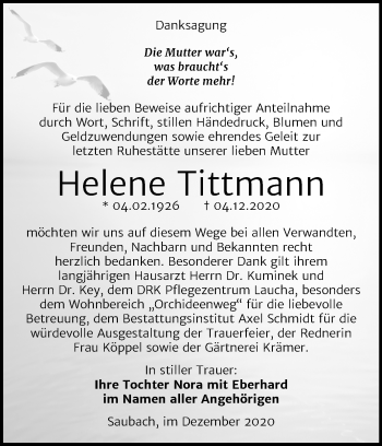 Traueranzeige von Helene Tittmann von Wochenspiegel Naumburg/Nebra