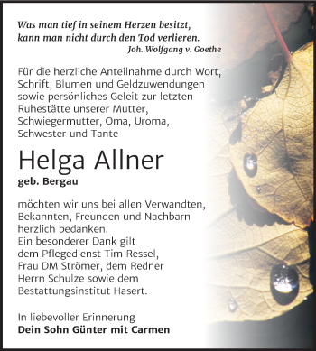 Traueranzeige von Helga Allner von Mitteldeutsche Zeitung Wittenberg