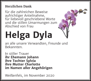 Traueranzeige von Helga Dyla von Wochenspiegel Weißenfels
