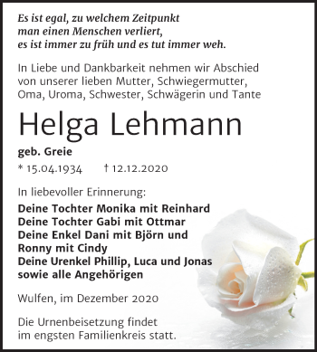 Traueranzeige von Helga Lehmann von Mitteldeutsche Zeitung Köthen
