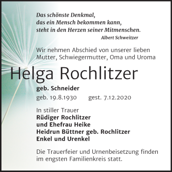 Traueranzeige von Helga Rochlitzer von Mitteldeutsche Zeitung Köthen