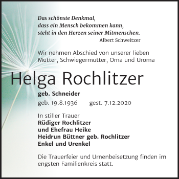 Traueranzeige von Helga Rochlitzer von Super Sonntag Köthen