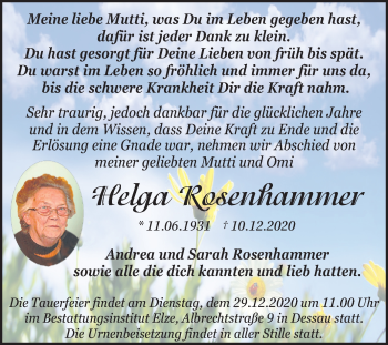 Traueranzeige von Helga Rosenhammer von Super Sonntag Dessau-Roßlau