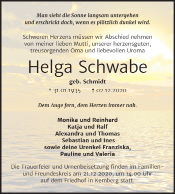 Traueranzeige von Helga Schwabe von Mitteldeutsche Zeitung Wittenberg