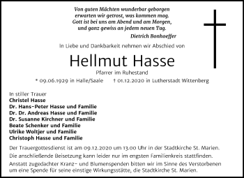 Traueranzeige von Hellmut Hasse von Mitteldeutsche Zeitung Wittenberg
