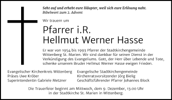 Traueranzeige von Hellmut Werner Hasse von Super Sonntag Wittenberg
