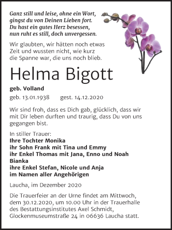 Traueranzeige von Helma Bigott von Wochenspiegel Naumburg/Nebra