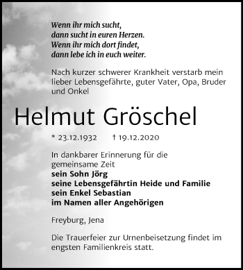 Traueranzeige von Helmut Gröschel von Mitteldeutsche Zeitung Naumburg/Nebra