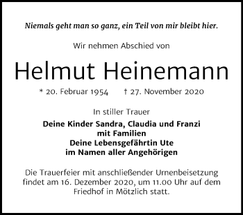 Traueranzeige von Helmut Heinemann von Mitteldeutsche Zeitung Halle/Saalkreis