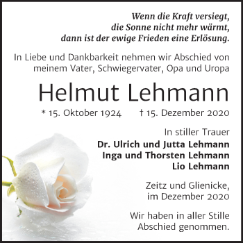 Traueranzeige von Helmut Lehmann von Mitteldeutsche Zeitung Zeitz