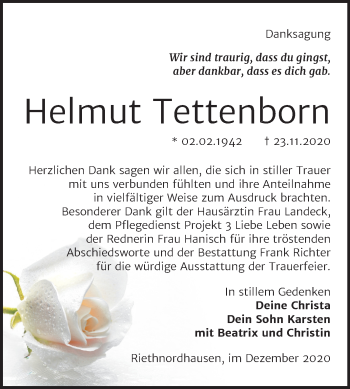 Traueranzeige von Helmut Tetten von Mitteldeutsche Zeitung Sangerhausen