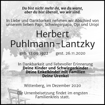 Traueranzeige von Herbert Puhlmann-Lantzky von Mitteldeutsche Zeitung Wittenberg