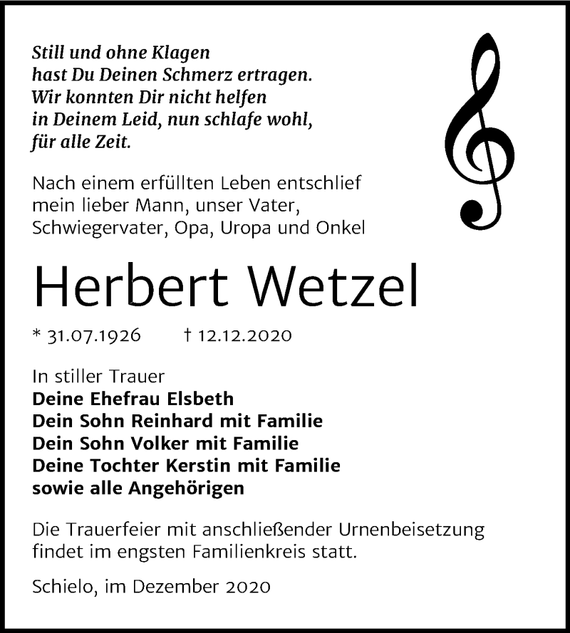  Traueranzeige für Herbert Wetzel vom 19.12.2020 aus Mitteldeutsche Zeitung Quedlinburg