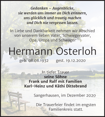 Traueranzeige von Hermann Osterloh von Mitteldeutsche Zeitung Sangerhausen
