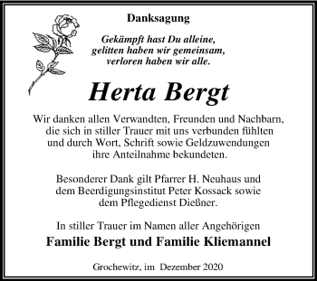 Traueranzeige von Herta Bergt von Super Sonntag Dessau-Roßlau / Wittenberg