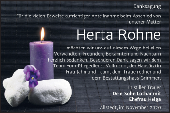 Traueranzeige von Herta Rohne von Wochenspiegel Mansfelder Land