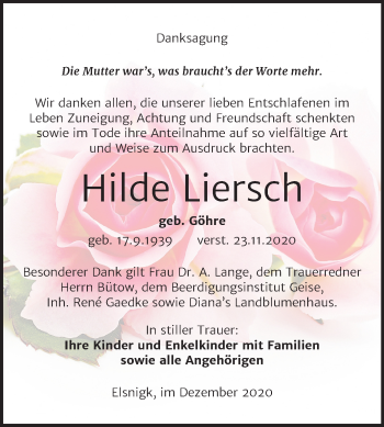 Traueranzeige von Hilde Liersch von Mitteldeutsche Zeitung Köthen