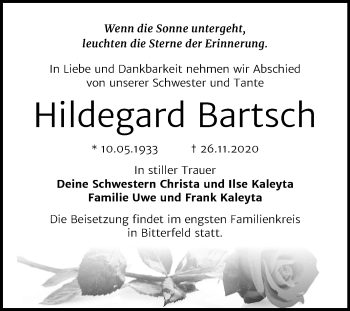 Traueranzeige von Hildegard Bartsch von Wochenspiegel Bitterfeld