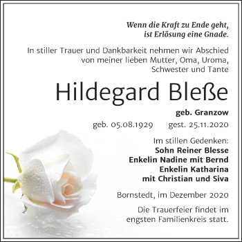 Traueranzeige von Hildegard Bleße von Mitteldeutsche Zeitung Mansfelder Land