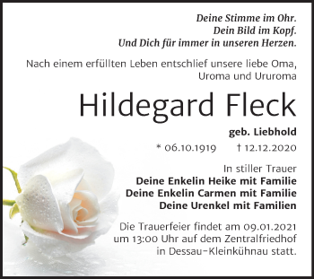 Traueranzeige von Hildegard Fleck von Mitteldeutsche Zeitung Dessau-Roßlau