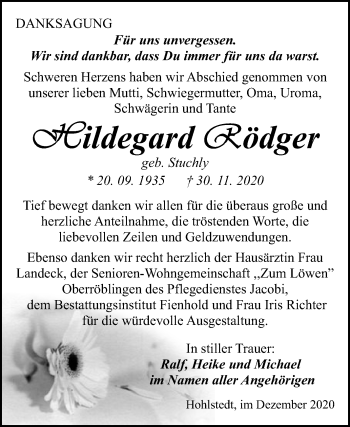 Traueranzeige von Hildegard Rödger von Mitteldeutsche Zeitung Sangerhausen