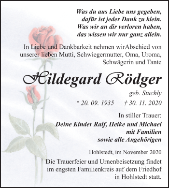 Traueranzeige von Hildegard Rödger von Super Sonntag Sangerhausen