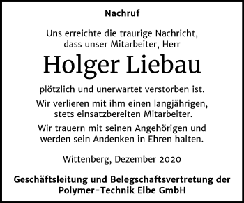 Traueranzeige von Holger Liebau von Mitteldeutsche Zeitung Wittenberg