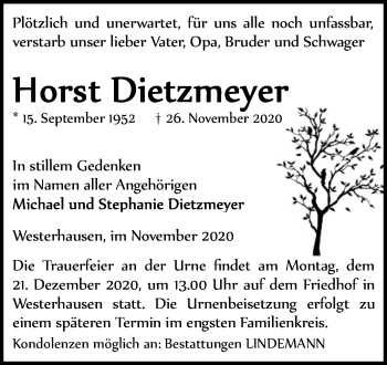 Traueranzeige von Horst Dietzmeyer von Mitteldeutsche Zeitung Quedlinburg