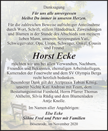 Traueranzeige von Horst Ecke von Super Sonntag Sangerhausen