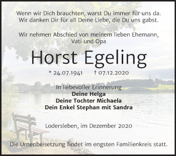 Traueranzeige von Horst Egeling von Super Sonntag Merseburg/Querfurt