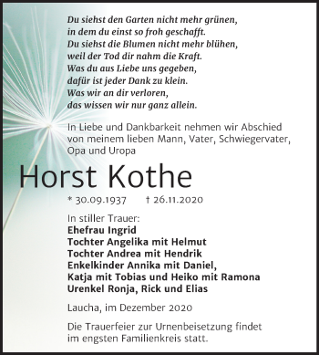 Traueranzeige von Horst Kothe von Wochenspiegel Naumburg/Nebra