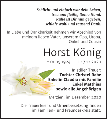 Traueranzeige von Horst König von Mitteldeutsche Zeitung Köthen