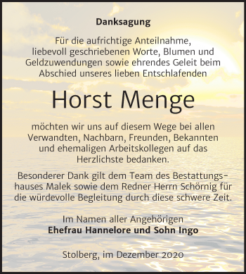 Traueranzeige von Horst Menge von Super Sonntag Sangerhausen