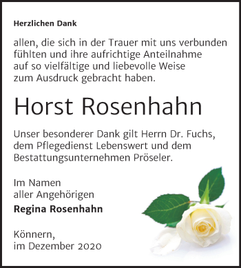Traueranzeige von Horst Rosenhahn von Mitteldeutsche Zeitung Bernburg