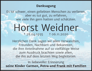 Traueranzeige von Horst Weidner von Wochenspiegel Naumburg/Nebra