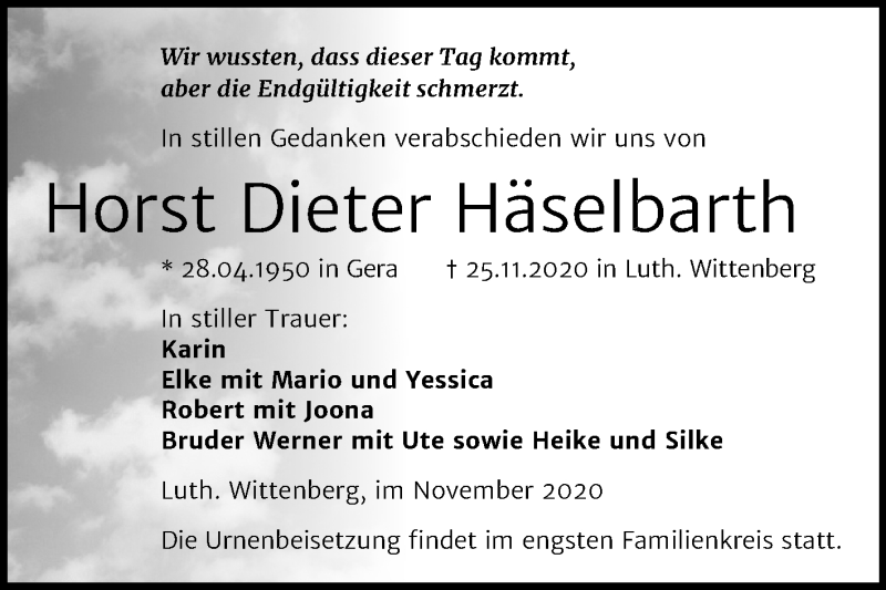  Traueranzeige für Horst Dieter Häselbarth vom 05.12.2020 aus Mitteldeutsche Zeitung Wittenberg