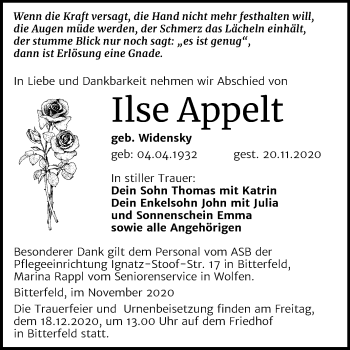 Traueranzeige von Ilse Appelt von Wochenspiegel Bitterfeld