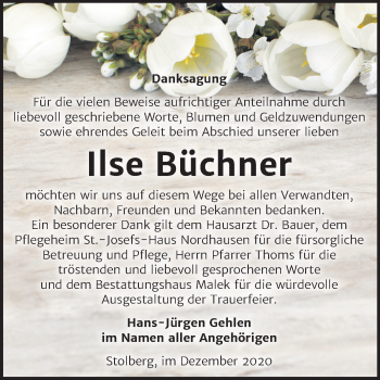 Traueranzeige von Ilse Büchner von Mitteldeutsche Zeitung Sangerhausen