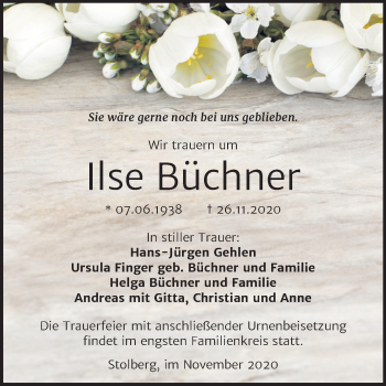 Traueranzeige von Ilse Büchner von Mitteldeutsche Zeitung Sangerhausen