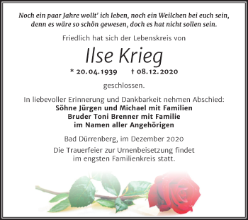 Traueranzeige von Ilse Krieg von Super Sonntag Merseburg/Querfurt