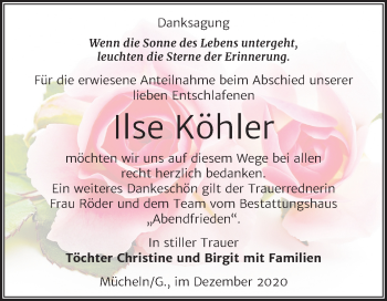 Traueranzeige von Ilse Köhler von Mitteldeutsche Zeitung Merseburg/Querfurt